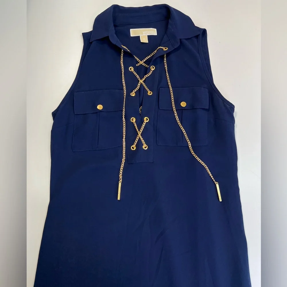 Micheal Kors Navy Sleeveless Maxi Dress With Chain Lace Up Neckline - Picture 4 of 16